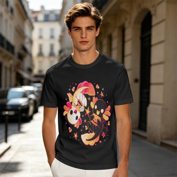Olive T-Shirt with Halloween Axolotl Candy Corn Art