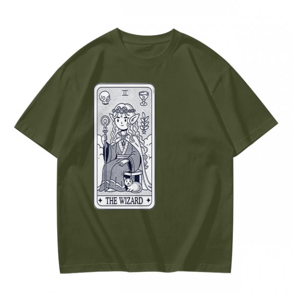 Olive T-Shirt With The Wizard Tarot Card Style Graphic Print