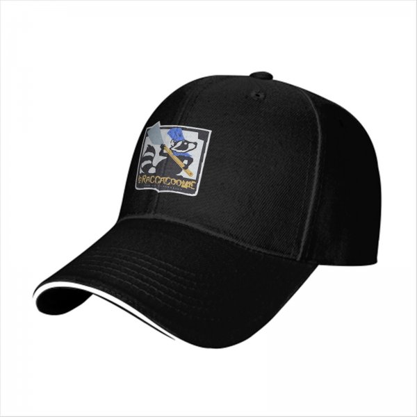 Black baseball cap with raccoon chef graphic and RACCACOOKIE text