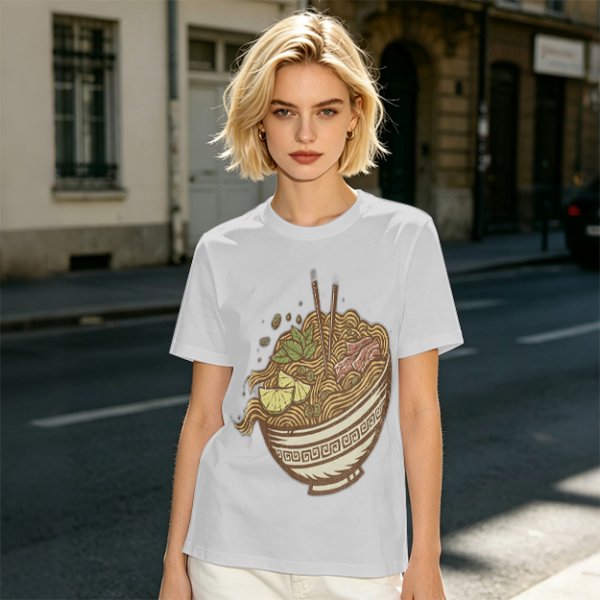 Olive Green T-Shirt With Illustrated Noodle Bowl Print