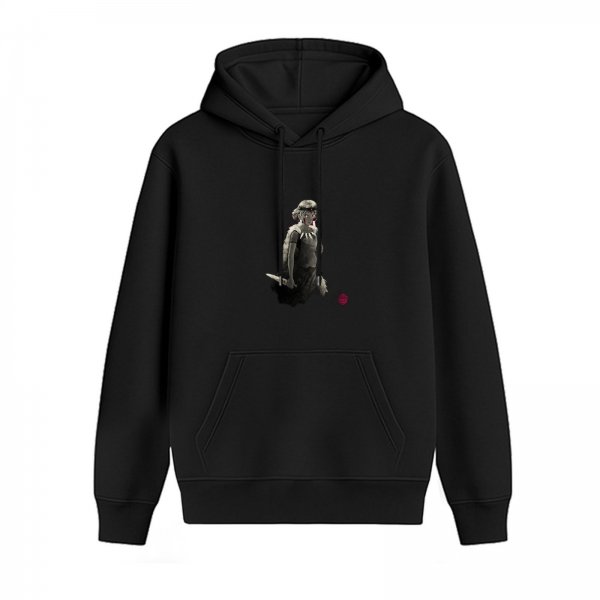 Black hoodie with artistic warrior figure print and red accent