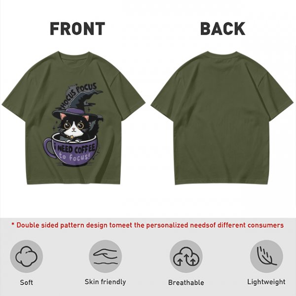 Olive t-shirt with witch cat in coffee cup 'Hocus Pocus I Need Coffee'