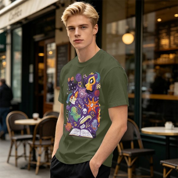 Olive T-Shirt With Cute Occult Monster And Spell Book Print