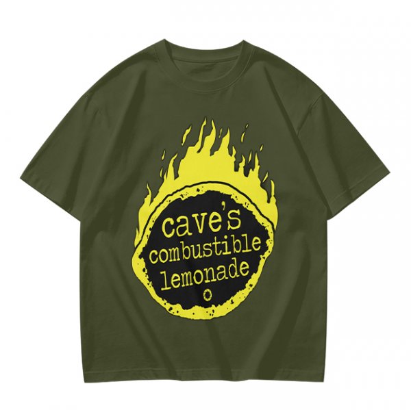 Olive t-shirt with cave's combustible lemonade flame graphic