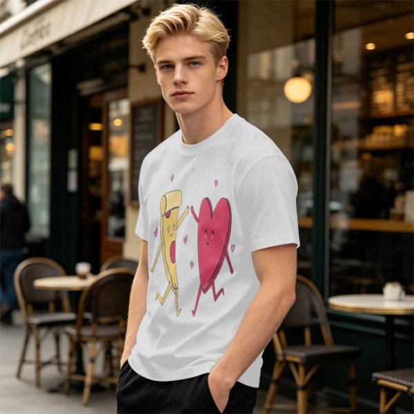 Olive T-Shirt with Dancing Pizza Slice and Heart Graphic