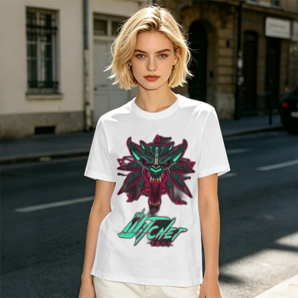 Olive T-Shirt With Cyberpunk Witcher Wolf Emblem Print