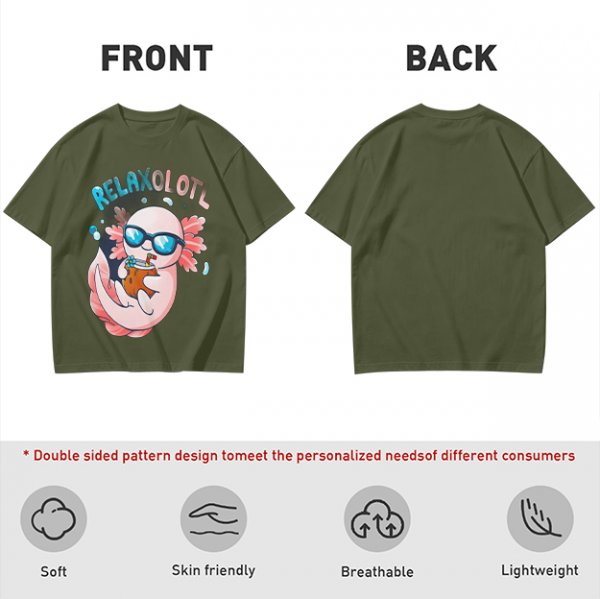 Olive t-shirt with a relaxed axolotl wearing sunglasses holding a drink