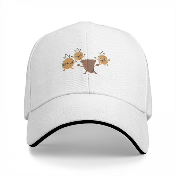 Black baseball cap with dancing pineapple and coffee cup characters