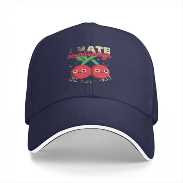 Black baseball cap with funny mood swing cherry graphic print
