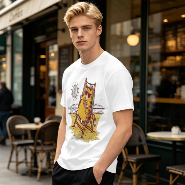 Olive T-Shirt With Cool Cat Lounging On Beach Chair Holding Drink