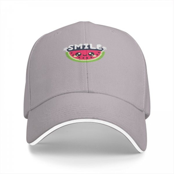 Black baseball cap with cute smiling watermelon and smile graphic