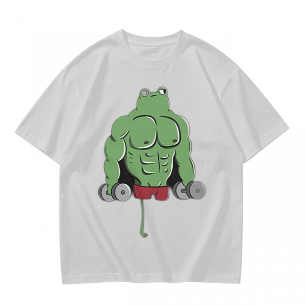 Oversized Army Green T-Shirt With Muscular Frog Lifting Dumbbells Print