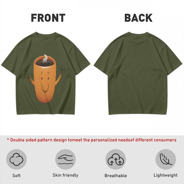 Olive Green T-Shirt With Happy Steaming Coffee Cup Graphic