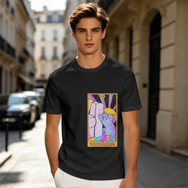 Olive green t-shirt with three-eyed cat couch killer tarot-style graphic