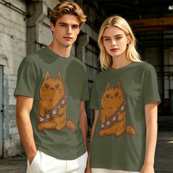 Olive green t-shirt with a grumpy cat in a Chewbacca-style bandolier print