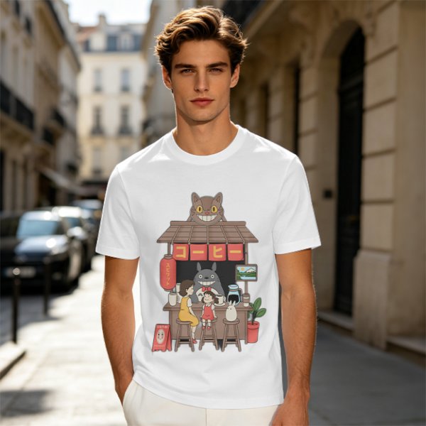 Studio Ghibli inspired coffee stand t-shirt with Totoro and friends