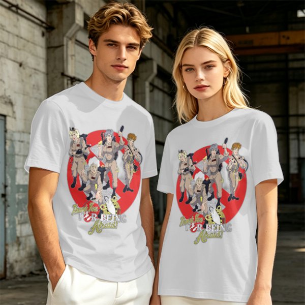 Olive T-shirt with Ghostbusters parody female character graphic print