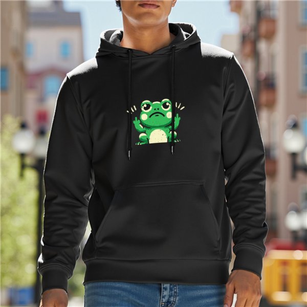 Black hoodie with a cartoon frog flipping off graphic