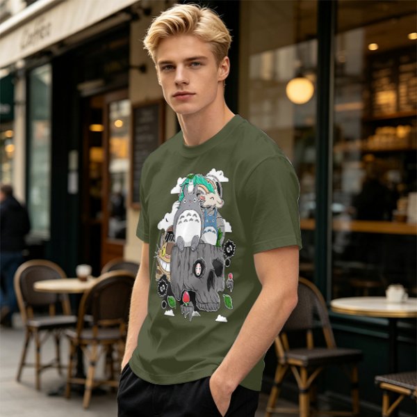 Olive T-shirt with Studio Ghibli Totoro and Spirited Away Characters Print