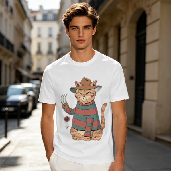 Olive T-Shirt With Freddy Krueger Themed Cat Graphic