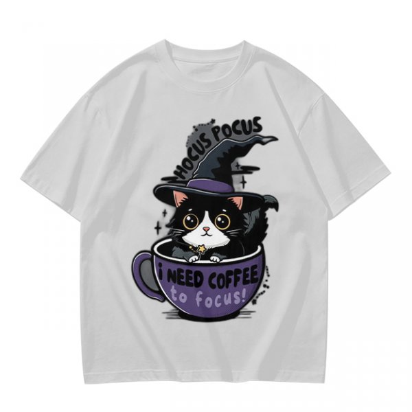 Olive t-shirt with witch cat in coffee cup 'Hocus Pocus I Need Coffee'