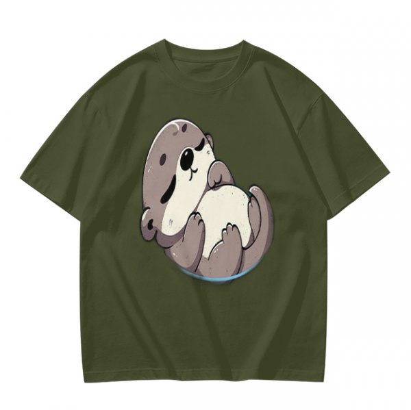 Olive Green T-Shirt with Cute Sleeping Otter Graphic
