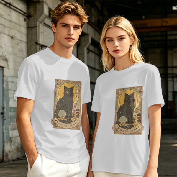 Olive T-Shirt With Black Cat Tarot Card Art That Says You Are Full Of Magic