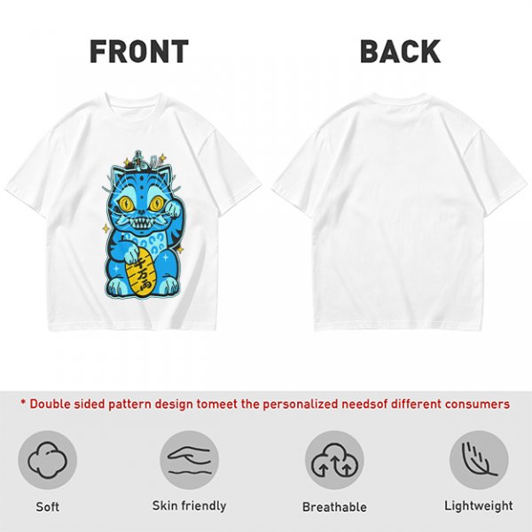 Olive T-Shirt With Blue Maneki-Neko Monster Graphic Print