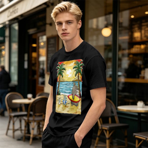 Olive T-Shirt with Beach Scene Print Featuring Totoro and Friends