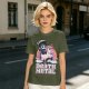 Olive t-shirt with cute grim reaper riding unicorn and death metal graphic