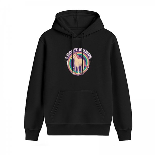 Black hoodie with 'I Don't Believe' unicorn rainbow graphic