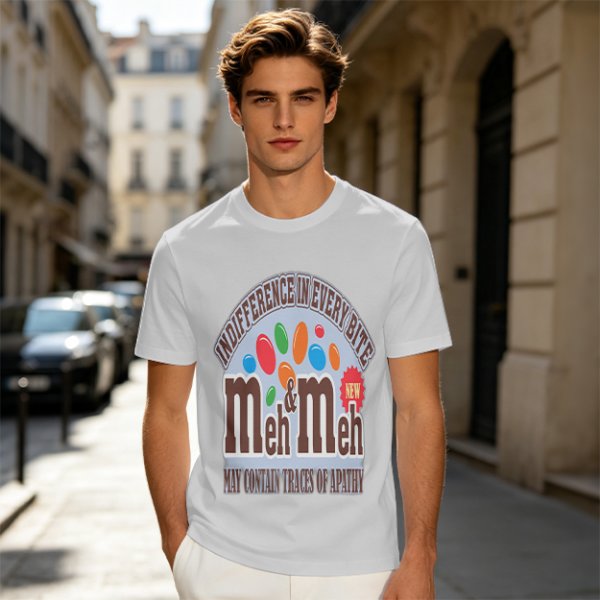 Meh and Meh novelty graphic t-shirt with indifference themed print
