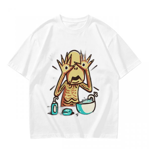 Olive T-shirt with a startled alien washing hands graphic