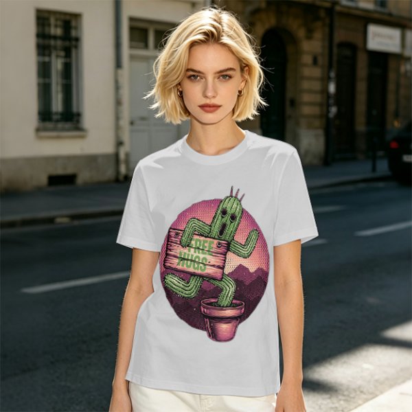 Olive T-shirt with Cartoon Cactus Free Hugs Desert Print