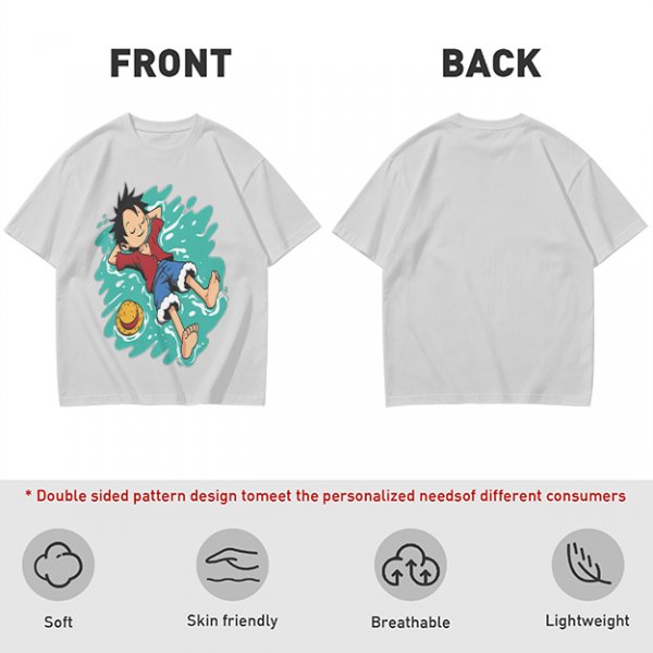 Olive anime t-shirt with Luffy relaxing in water print