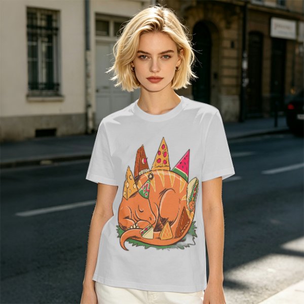 Sleeping Dinosaur Surrounded by Food Slices Graphic T-Shirt