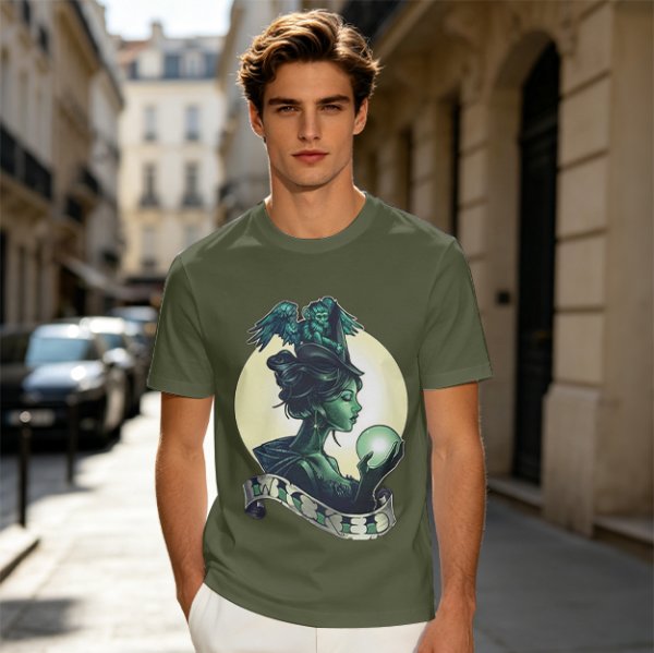 Olive Witch Graphic T-Shirt With Winged Monkey And Crystal Ball