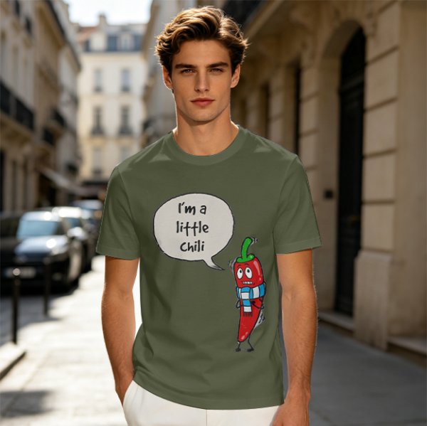Olive green t-shirt with funny 'I'm a little chili' cartoon chili print