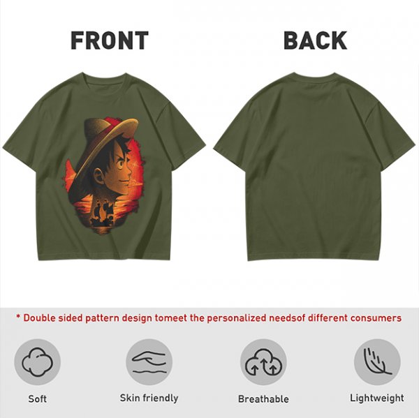 Olive T-Shirt Featuring Monkey D. Luffy Sunset Pirate Ship Art