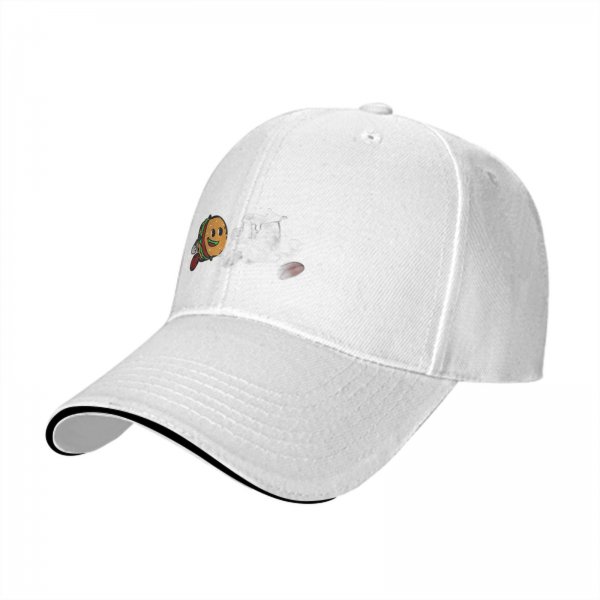 Black baseball cap with a cartoon flying burger graphic