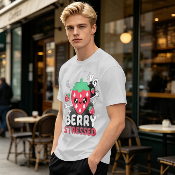 Olive graphic t-shirt with crying strawberry and 'berry stressed' text