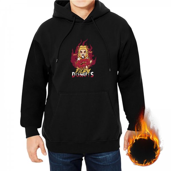 Black Hoodie With Fiery Donuts Anime Character Graphic Print