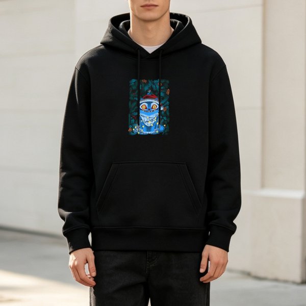 Black hoodie with a blue Christmas monster wearing a Santa hat and fairy lights