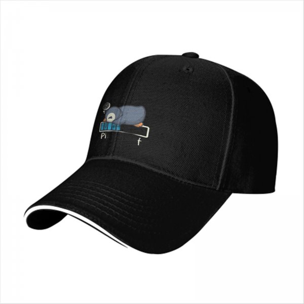 Black baseball cap with sleepy penguin low battery graphic