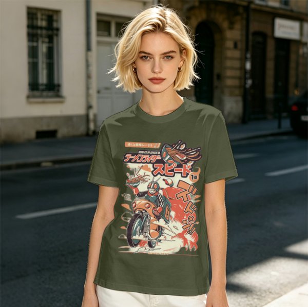 Olive green graphic tee with retro masked rider ramen motorcycle art