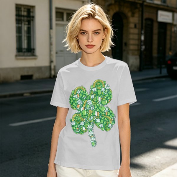 Olive Green T-Shirt With St. Patrick's Day Four-Leaf Clover Art