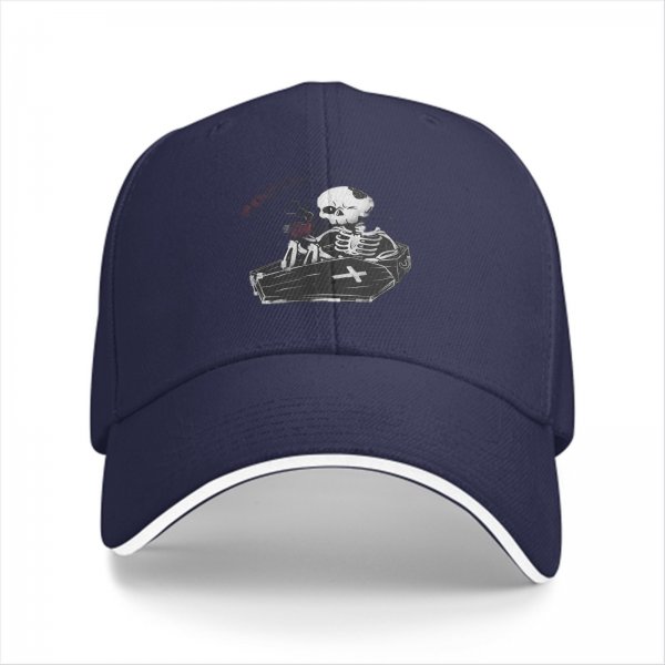 Black baseball cap with skeleton in coffin graphic