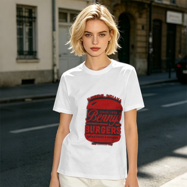Olive green t-shirt with Benny's Burgers Hawkins Indiana graphic