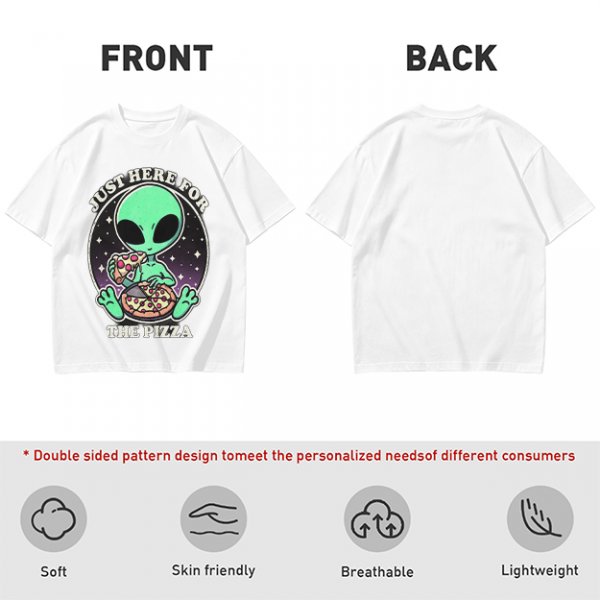 Olive green t-shirt with alien eating pizza text Just Here For The Pizza