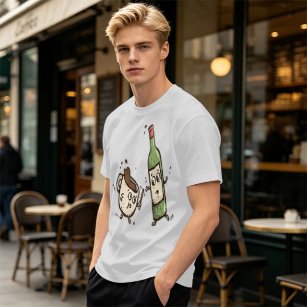 Olive T-Shirt With Cartoon Coffee Mug And Wine Bottle Print